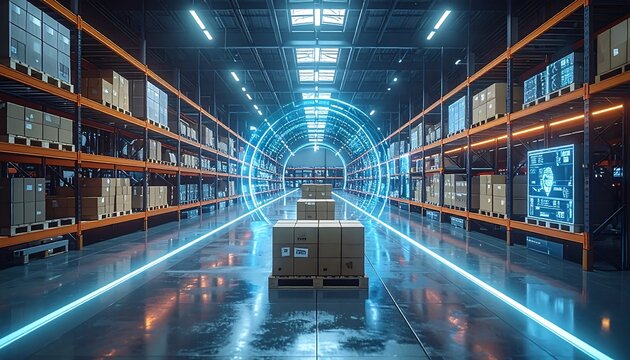 Bright, futuristic warehouse interior with rows of stacked boxes, lit by blue neon accents and a large light source
