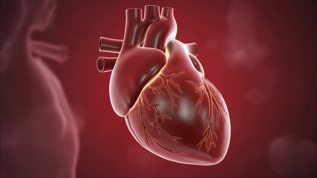 A detailed and clean 3D illustration of the human heart showing realistic anatomical structure. The organ is isolated on a white background, designed for medical education, healthcare presentations, b