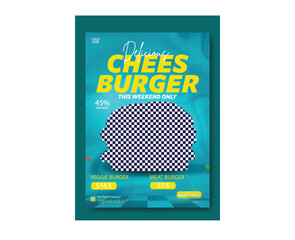 Delicious cheeseburger special offer with price on vibrant teal background for social media and advertising.
Juicy delicious burger with fresh ingredients and special offer advertisement for fast food