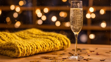dcf. A champagne flute with golden bubbles on a wooden table beside a cozy blanket and festive confetti. bar promotions, beverage menus, designed for food & beverage menus and cafe branding.
