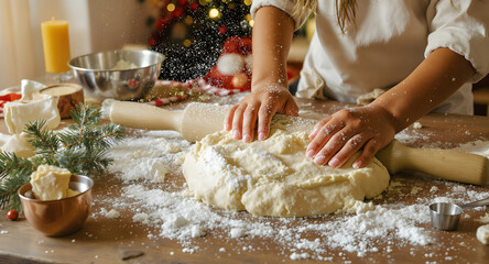 A child baker's workplace, covered in a thick layer of white flour on a worn wooden table, a long wooden rolling pin resting on a large mound of raw dough. A Christmas tree branch lies on the table