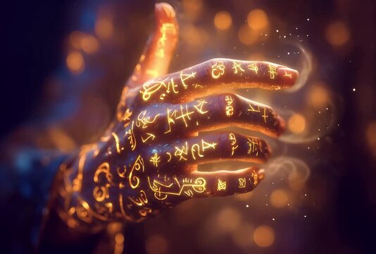 the generated video. Magical symbols glow on the hand