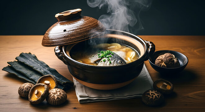 Still life, a rustic clay pot (donabe) with a ajar lid, releasing a wisp of steam from a simmering fish miso soup, surrounded by dried shiitake mushrooms, a piece of kombu 