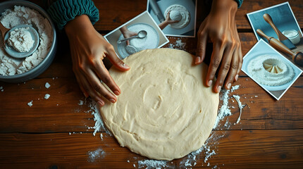 A rustic wooden table with a warm glow, the hands of a person with light brown skin and worn fingers rolling out a thin layer of creamy cookie dough, and pastel-colored photographs of flour