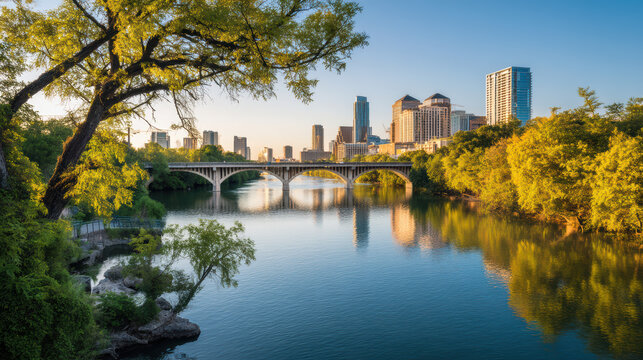The urban skyline is reflected in the calm river waters, with a bridge arching over, framed by lush green trees under the bright light of the morning sun.