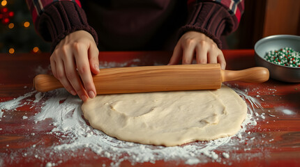 A rustic wooden table with a warm reddish-brown tone, the hands of a person with fair skin and delicate fingers rolling out a layer of creamy white cookie dough with a worn wooden rolling pin