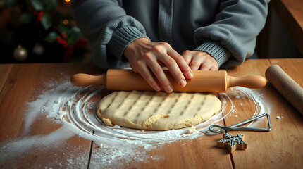 A rustic wooden table with a warm reddish-brown tone, the hands of a person with fair skin and delicate fingers rolling out a layer of creamy white cookie dough with a worn wooden rolling pin