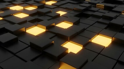 Futuristic Black Cubes with Glowing Yellow Lights Abstract Digital Design