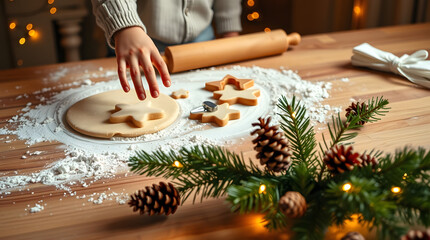 A warm and cozy holiday baking scene on a wooden table lightly dusted with flour, with a small hand reaching toward rolled-out dough and cookie cutter shapes