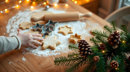 A warm and cozy holiday baking scene on a wooden table lightly dusted with flour, with a small hand reaching toward rolled-out dough and cookie cutter shapes