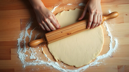 A rustic wooden table with a warm reddish-brown tone, the hands of a person with fair skin and delicate fingers rolling out a layer of creamy white cookie dough with a worn wooden rolling pin