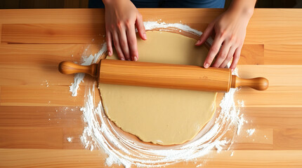 A rustic wooden table with a warm reddish-brown tone, the hands of a person with fair skin and delicate fingers rolling out a layer of creamy white cookie dough with a worn wooden rolling pin
