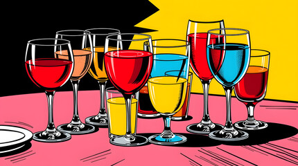 Pop art style illustration of a vibrant table setting featuring an assortment of glasses in different shapes and sizes, each filled with a distinct colorful liquid, such as bright red, electric blue