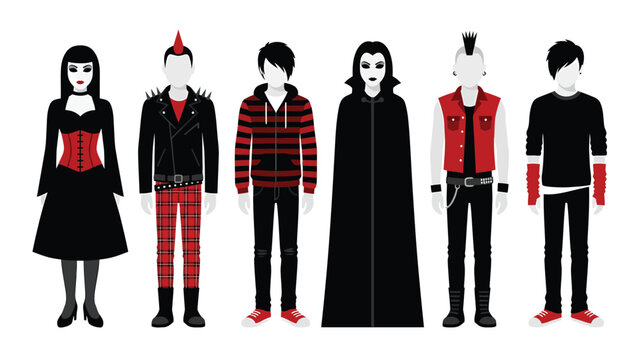Gothic and Punk Fashion Diverse Subculture Styles Represented by Stylized Figures on White Background