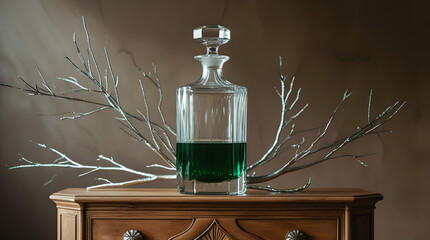 A refined glass decanter filled with dark green liquid, its translucent body reflecting subtle light, stands proudly on a rustic wooden dresser with a smooth, honey-brown finish