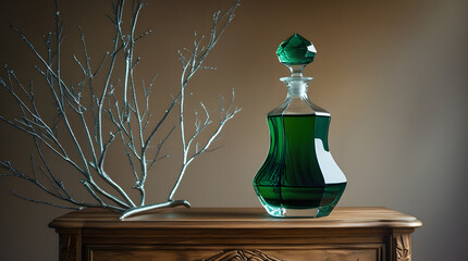 A refined glass decanter filled with dark green liquid, its translucent body reflecting subtle light, stands proudly on a rustic wooden dresser with a smooth, honey-brown finish