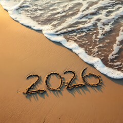 Happy New year 2026 is written in beach sand as waves New Year 2026 Advertisement Post