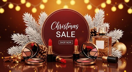 Festive Holiday Makeup Sale Event with Glittering Lights and Christmas Ornaments