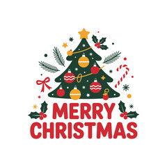 Naklejka premium Festive Christmas Tree Illustration with Ornaments, Holly, and Merry Christmas Text