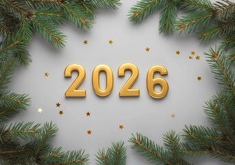 New Year 2026 Golden 2026 numbers are framed by evergreen pine branches and scattered star