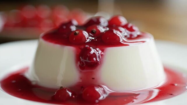 Delicious creamy panna cotta dessert topped with vibrant berry compote and red