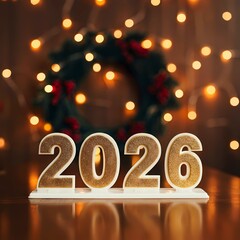 New Year 2026 Celebration Glittery 2026 display stands lights and a festive wreath 2026 numbers