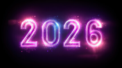 Bright 2026 Neon Numbers with Glowing Particles in Futuristic Celebration on Transparent Background