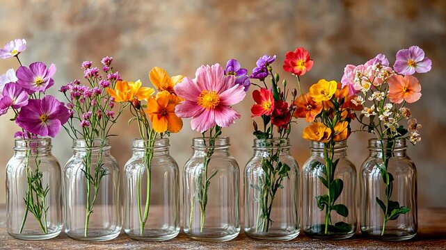 A static shot of colorful wildflowers in glass jars, creating a rustic and cheerful floral arrangement on a wooden table.