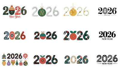 png set of icons in theme of year 2026, festive design with leaves and text, celebrating New Year.