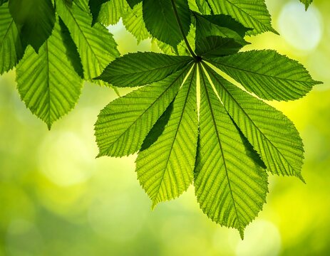 Bright green horse chestnut leaf close-up, sunlit, radiating leaflets against a blurred bokeh background of green