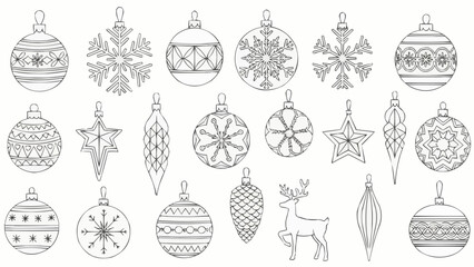 Hand drawn collection of various Christmas tree ornaments.