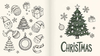 Christmas festive decorations and tree sketch illustration for holiday season.
