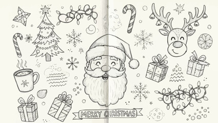 Hand Drawn Sketch of Santa Claus and Christmas Elements.