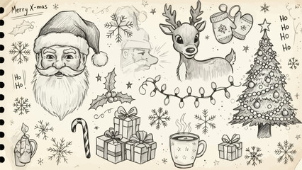 Hand-drawn Christmas Doodles - Santa, Reindeer, Tree, and Festive Elements.