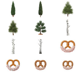 png set of icons depicting various trees, foliage, and pretzel shapes isolated on a white background.