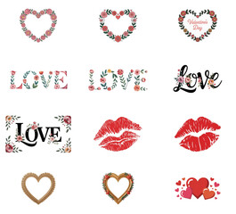 png set of icons in theme of floral hearts, lips, and love lettering, expressing romance and affection.