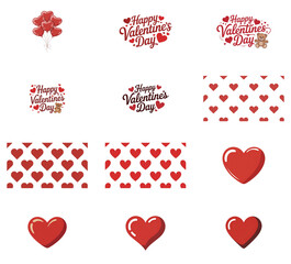png set of icons in theme of Valentine's Day, hearts, and patterns, celebrating love and affection.