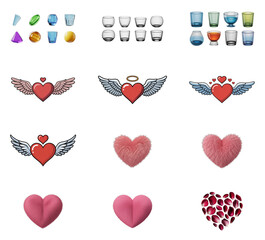 png set of icons depicting hearts, wings, and various colorful shapes, symbolizing love and affection.
