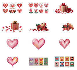 png set of icons in theme of hearts, gifts, flowers, and cards, symbolizing love and celebrations.