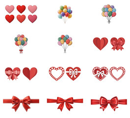 png set of icons in theme of red hearts, ribbons, and balloons, conveying love, celebration, and festivity.