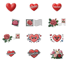 png set of icons with Valentine's Day theme, featuring hearts, roses, and postal elements symbolizing love and romance.