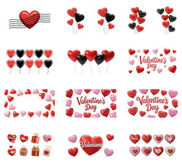 png set of icons in theme of Valentine's Day, featuring hearts, balloons, and celebratory decorations in red and black.