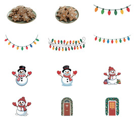 png set of icons depicting holiday treats, lights, snowmen, and festive decorations, symbolizing winter celebrations.