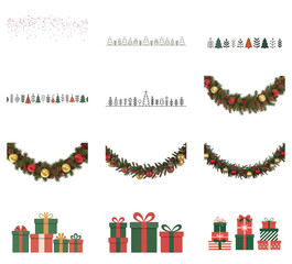 png set of icons in theme of festive garlands and gifts, celebrating holiday season with green and red colors.