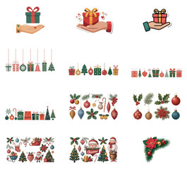 png set of icons depicting Christmas gifts, decorations, and festive elements in a cheerful holiday theme.