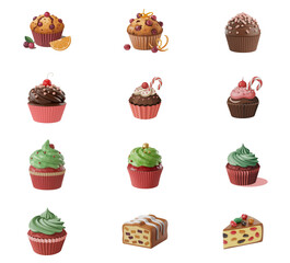png set of icons depicting various colorful cupcakes and cake slices with festive toppings.