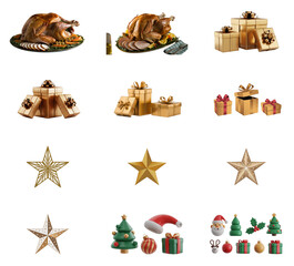 png set of icons in theme of roasted turkey, gifts, and festive decorations, symbolizing celebration and abundance.