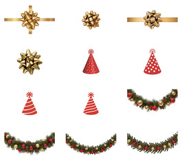 png set of icons depicting festive Christmas decorations, including ribbons, hats, and garlands, for holiday celebrations.