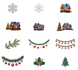 png set of icons in theme of winter scenery with cabins, snowflakes, trees, and festive holiday decorations.