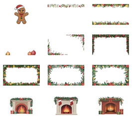 png set of icons depicting Christmas elements like gingerbread man, garlands, and festive fireplace decorations.